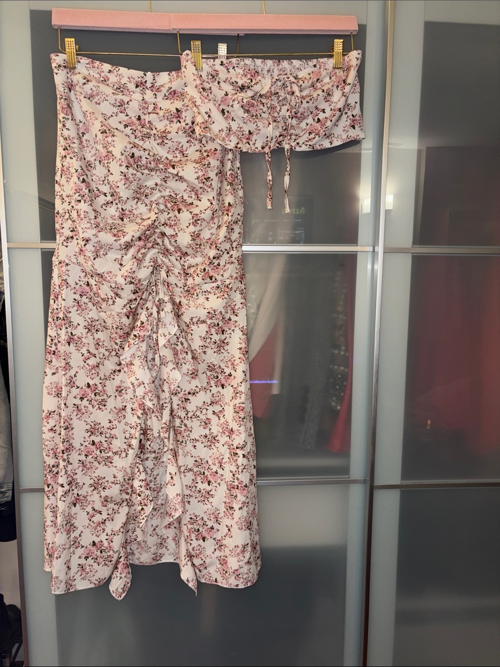 SHEIN Pink Floral Ruched Maxi Skirt Set